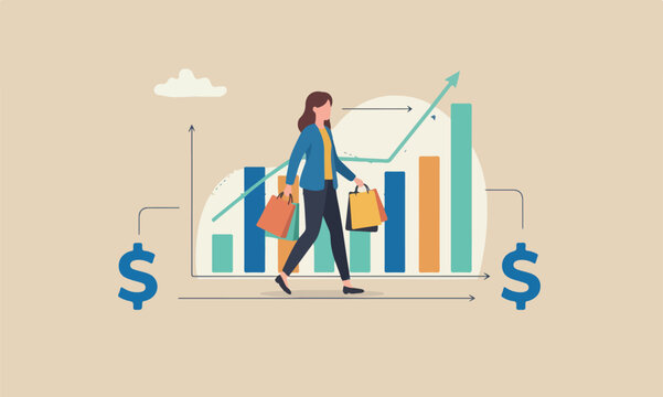 Customer lifetime, calculation or key metric to analyze cost to acquire new customer, advertising or marketing cost concept, young customer woman with shopping bags walk on CLV graph and chart