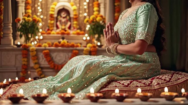 Woman in traditional Indian attire meditating with hands pressed together before a beautifully decorated altar with marigolds and diyas, serene atmosphere, spiritual ritual, prayer, devotion