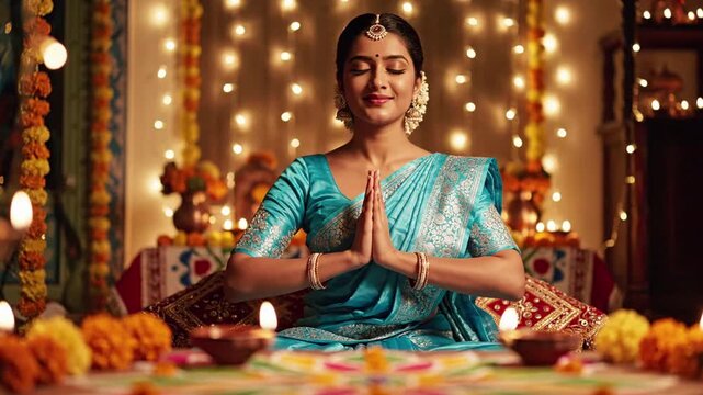 Young woman in traditional Indian attire, teal sari, hands in prayer gesture, eyes closed in serene meditation amidst Diwali festival decorations, marigold flowers, diyas and bokeh lights