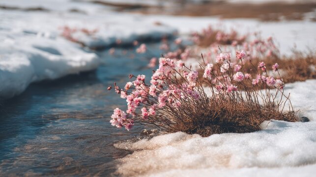 Spring snow ice thaw, end of Winter Season, hope, fresh start. A tranquil winter scene with a river winding through a snowy landscape, adorned with pink blossoms in the foreground.