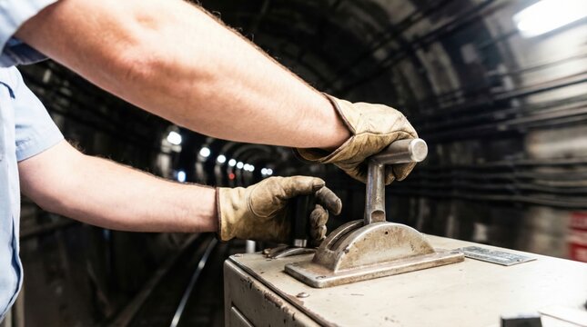 Train operator wearing leather gloves maneuvering the metal control lever in a dark tunnel
