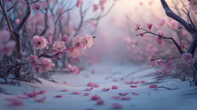 Spring snow ice thaw, end of Winter Season, hope, fresh start. A serene winter scene with pink cherry blossoms in full bloom against a soft, blurred background.