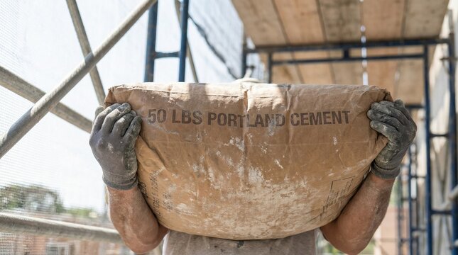Construction worker carrying a heavy fifty pound bag of portland cement on his shoulder