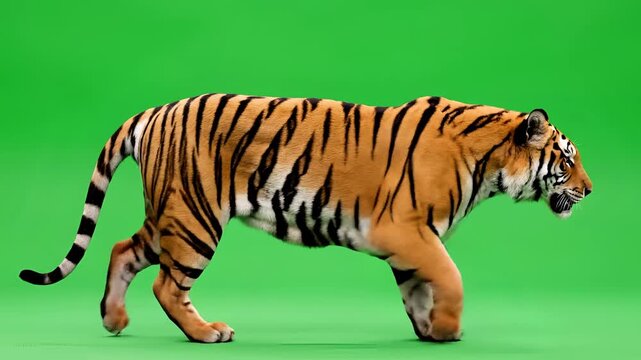Majestic Tiger Walking Gracefully on a Vibrant Green Background.