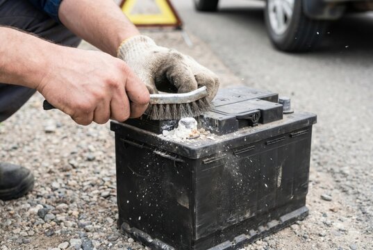 Mechanic using a metal wire brush to clean corrosion off the terminals of a black car battery