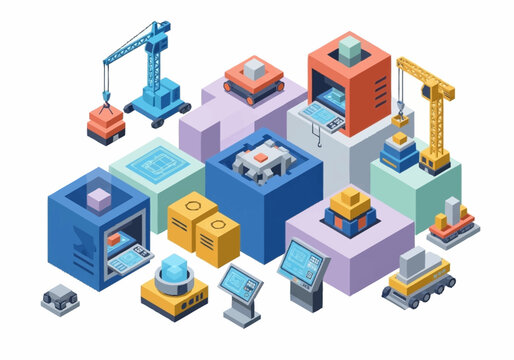 Abstract isometric 3D rendering of modular construction elements and futuristic machinery.