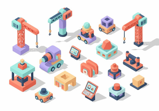 Collection of isometric 3D building blocks and construction toys in various shapes and colors.