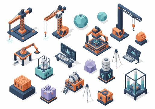 Isometric industrial equipment and machinery collection, including cranes, robots, and 3D printers.