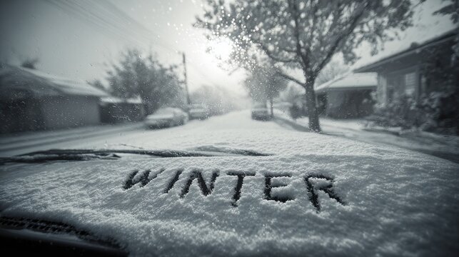 Spring snow ice thaw, end of Winter Season, hope, fresh start. A black and white photograph of a snowy street, with the word WINTER clearly visible on the snowcovered cars windshield.