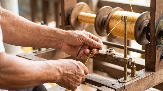 Artisan hands guiding bright golden silk thread onto a spool on a vintage wooden spinning wheel