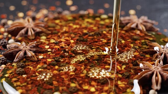 Pouring Hot Oil Over Star Anise and Chili Flakes for Flavor Infusion.