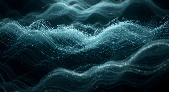 Abstract glowing waves of digital data flow in dark blue ocean
