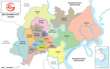 Obraz premium Administrative District Map of the Vietnamese city of Ho Chi Minh City-Saigon