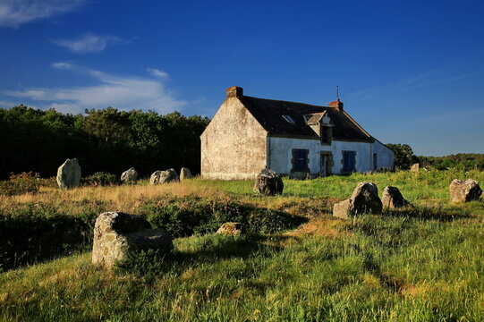 Antike Menhire erstrecken sich in langen Reihen &uuml;ber eine gr&uuml;ne Wiese vor einem einsamen Steinhaus unter strahlend blauem Himmel im warmen Abendlicht der Bretagne.
