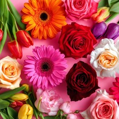 Fototapeta premium Fresh Flowers Arranged in a Colorful Display on a Pink Background During Daytime