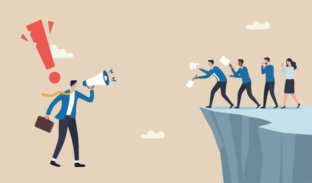 Wrong direction leader, stupid authoritarian boss, stupidity or mistake company employees sabotage or problem concept, stupid boss manager pointing order employees to jump off cliff.