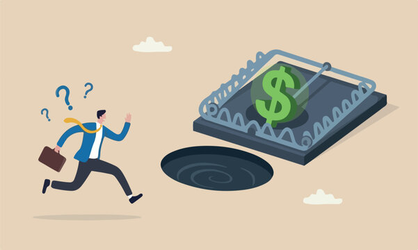 Financial money, in investment, ponzi scheme or business pitfall concept, businessman investor running and jumping into lore money pitfall or mouse trap with big money dollar sign