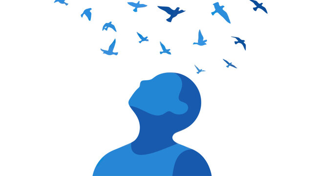 Silhouette of man looking up at flock of blue birds flying into the sky, symbolizing freedom and dreams.