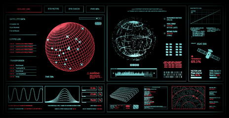 Retro-futuristic CRT monitor. Sci-fi bitmap interface with satellite tracking, 3d wireframe globe, radar map. CRT dashboard with old pc pixel interface. Control center bitmap HUD. Vector retro screen © SergeyBitos