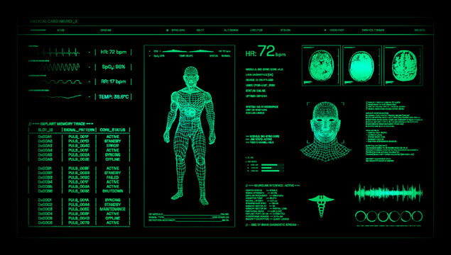 Retrofuturistic CRT monitor terminal with sci-fi control panel in green bitmap style. CRT screen, retro futuristic dashboard with featuring mainframe telemetry and HUD elements. Vector old pc UI