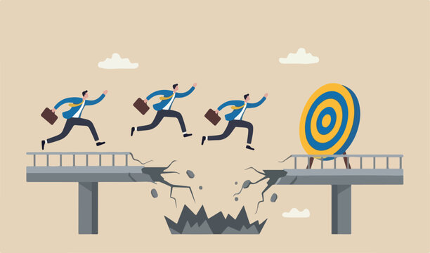 Survive and success in crisis, businessman jumping on collapse bridge to reach target business man team brige on blue terget