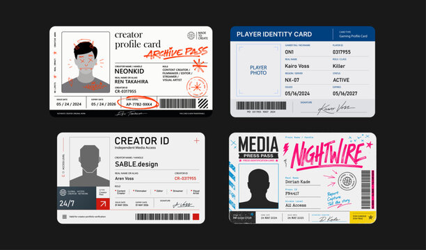Creative ID Profiles and Media Pass Card Mockup Set. Modern document card templates for creators, gamers, and media press with photo placeholders, signatures, and archive stamps. Vector ID profiles.