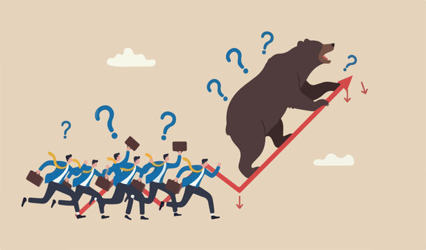 Bear market, stock decline by economic crisis, recession or bubble burst, crypto going concept, businessman investor sell stocks run from bear red decline graph