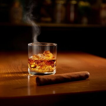 Warm Drink and Cigar on a Wooden Table in a Lounge Setting During the Evening Hours