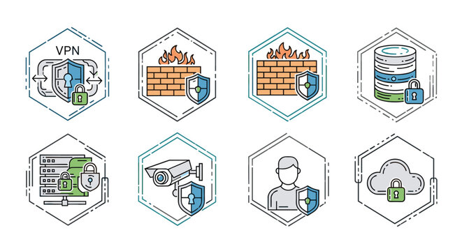 Set of cybersecurity and data protection icons with various security symbols, Generative AI.
