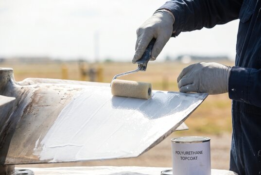 Marine mechanic using a roller to apply white polyurethane topcoat paint to a metal propeller