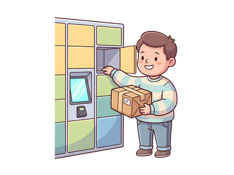 Guy getting package from delivery locker, customer using automated parcel station illustration, 2D character with box isolated on transparent background PNG , generative AI