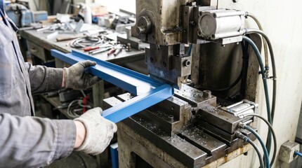 Fototapeta premium Metalworker operating a heavy hydraulic press machine to bend a blue metal profile