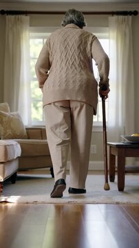 Mature woman walking with wooden cane in bright cozy living room interior, medium shot
