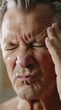 Mature man with gray hair suffering from headache holding head with hand close up shot