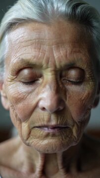 Senior woman with grey hair and closed eyes portrait, extreme close up shot