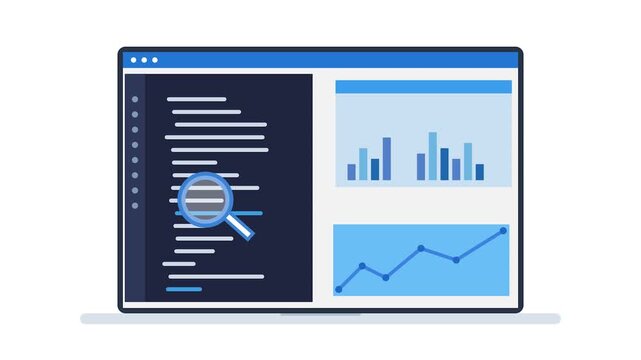 Animated laptop web browser window showing software development programming code and data analytics dashboard charts with search magnifying glass motion graphic for business intelligence technology co