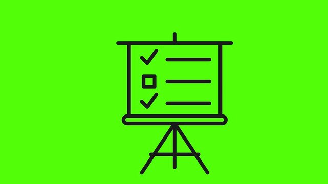 Animated presentation board easel with checklist and check marks line art drawing motion graphic on solid green screen chroma key background for business meetings and project task management concepts