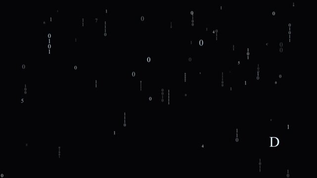 Abstract falling white binary code and hexadecimal numbers digital data rain on dark black background for cybersecurity hacker computer screen concepts and futuristic cyberspace technology motion grap