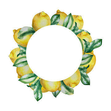 Watercolor wreath with lemons and green leaves, decorative botanical composition. Illustration for food packaging, lemonade brand, beverage label, menu design and summer kitchen decor.
