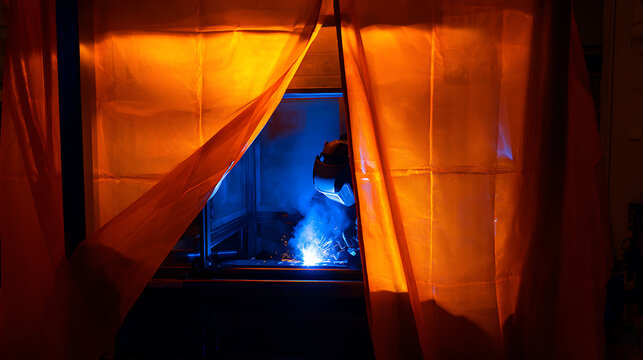 Industrial Welding Scene with Bright Blue Arc Light and Orange Protective Curtains in a Dark Workshop, Heavy Industry Work