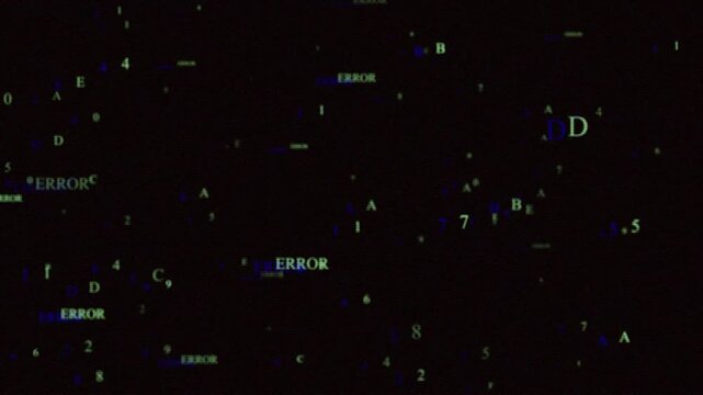 Abstract digital background with floating computer error messages and green hex code numbers in dark cyberpunk cyberspace