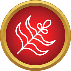 Fototapeta premium Plant branch outline with leaves inside a red circle button with gold border