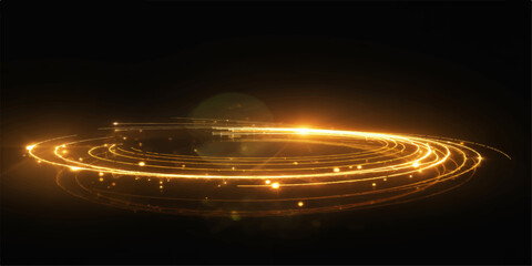 Bright orange light trails glow like motion art across dark city streets, creating an energetic wave of shining fire and star-like effects in a night design © MD HABIBUR
