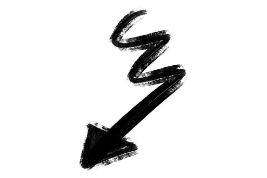 Hand-drawn zig-zag arrow pointing down, grunge ink brush stroke symbol
