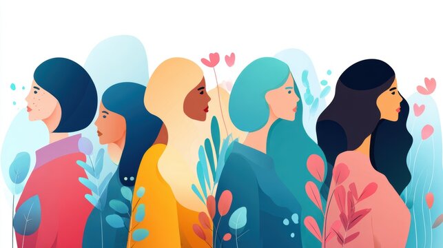 Female diversity. Human rights, equal opportunity concept. A stylized illustration depicts a group of women in a serene and contemplative pose. Each woman has a distinct color palette blue, pink.