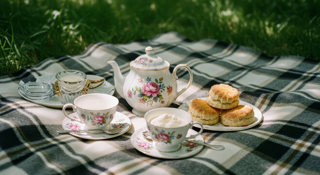 Delight in a charming tea party on a blanket, featuring a floral teapot, elegant cups, and freshly baked scones, set in a serene outdoor setting.