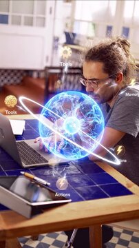 Holographic AI Agent central orb with orbital rings tools memory actions on black background