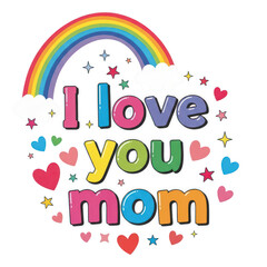 Fototapeta premium Colorful love you mom greeting card with rainbow and hearts