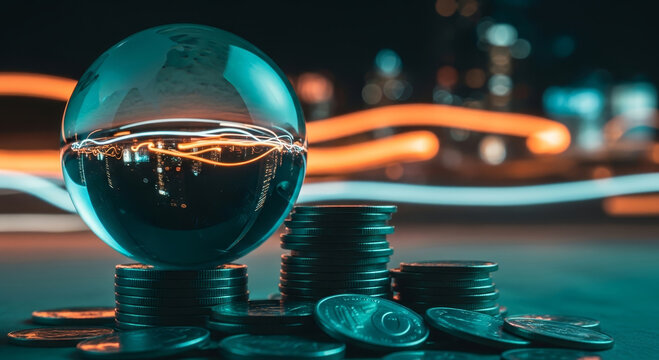 A crystal ball reflects city lights atop a stack of coins, creating a vivid contrast of urban vibrancy and financial themes in a mesmerizing nighttime scene.