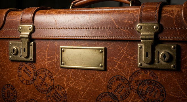 A vintage leather suitcase showcases intricate details with brass locks and travel stamps, embodying nostalgia and the spirit of adventure.